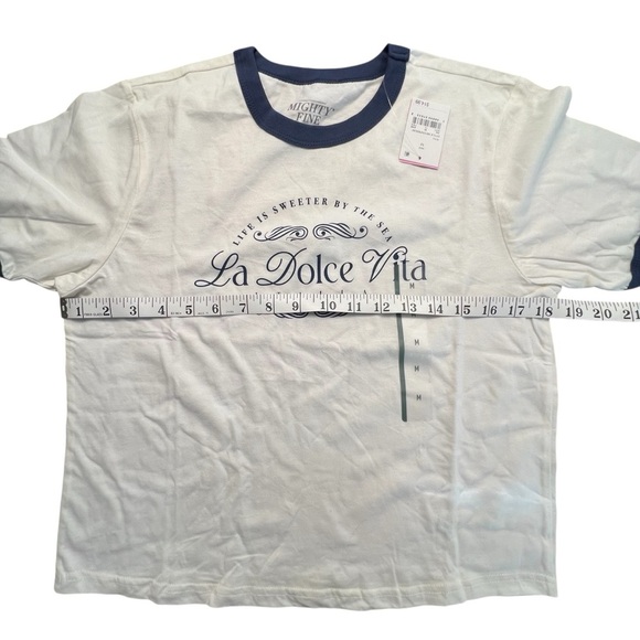 Mighty Fine La Dolce Vita Graphic Ringer Tee Sz M White/Navy - Picture 7 of 7